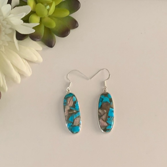 Copper & Turquoise Mosaic Handmade Silver Drop Earrings - Picture 9 of 9